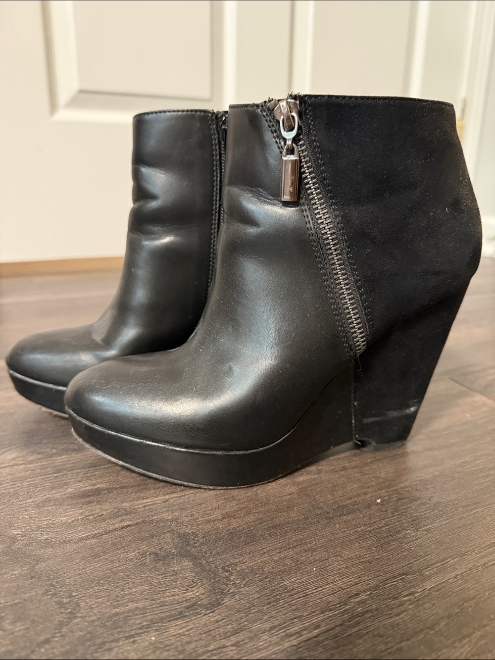 Carlos by Carlos Santana Black Mixed-Material Wedge Ankle Booties